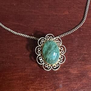 Carla Jade Necklace Vintage 1/20 12K GF Filigree Oval Green Stone Jewelry